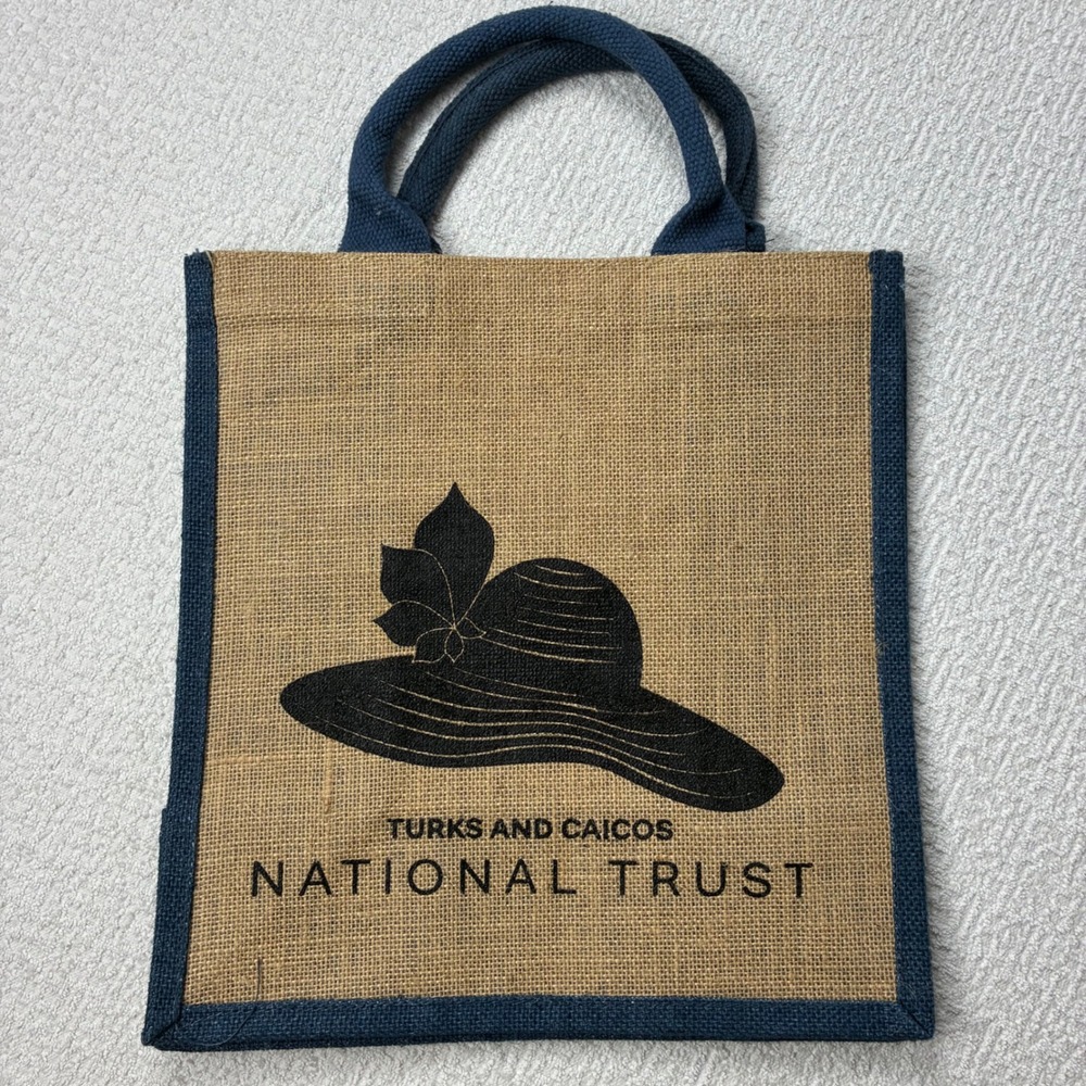 Turks and Caicos National Trust Jute Burlap Tote Bag Navy Blue Caribbean Beachy
